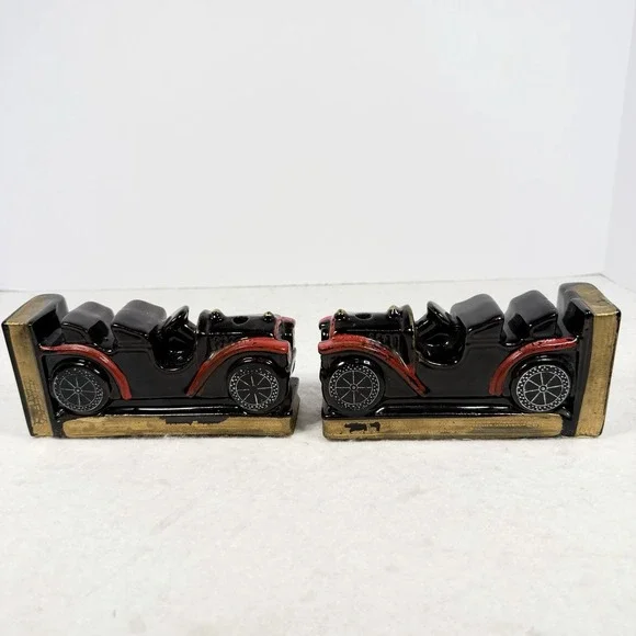 Vintage Japan Ceramic Antique Car Bookends Red Black Gold 6"x3" Pair - Picture 3 of 7